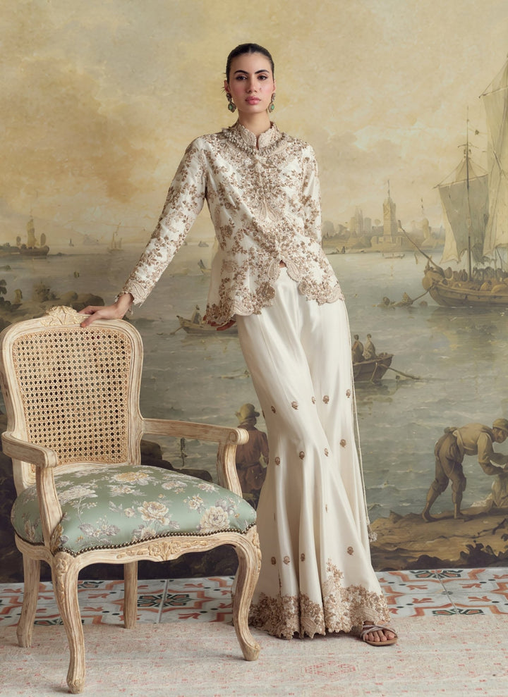 Prisho Ivory Embroidered Dupion Silk Jacket Sharara SetFabilicious Fashion