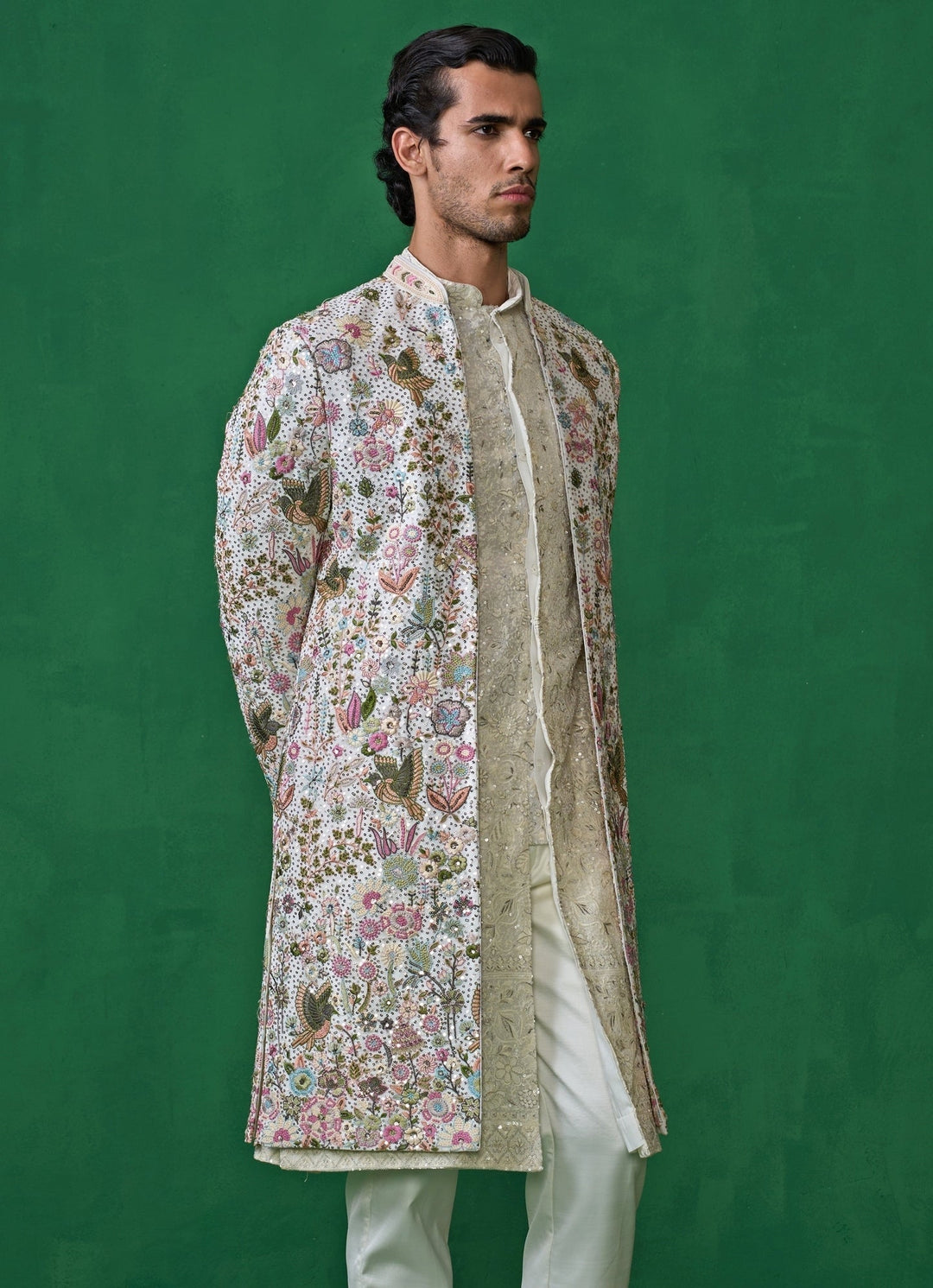 Ivory Embroidered Georgette Jacket Kurta Set Kalpraag - Fabilicious Fashion