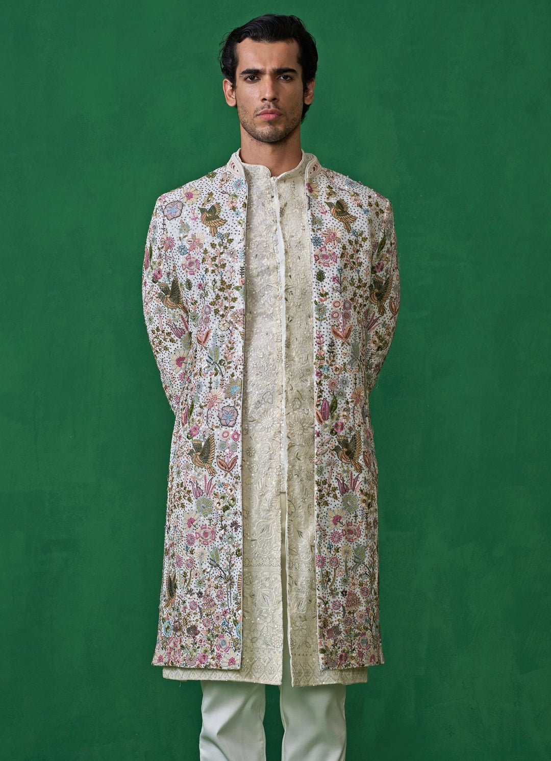 Ivory Embroidered Georgette Jacket Kurta Set Kalpraag - Fabilicious Fashion