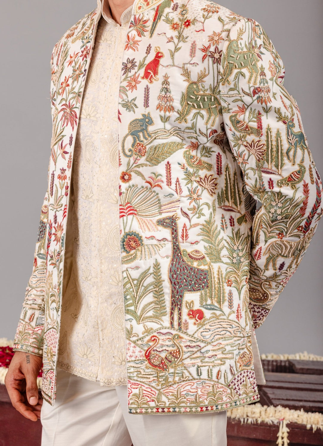 Ivory Embroidered Georgette Jodhpuri Set Kalpraag - Fabilicious Fashion