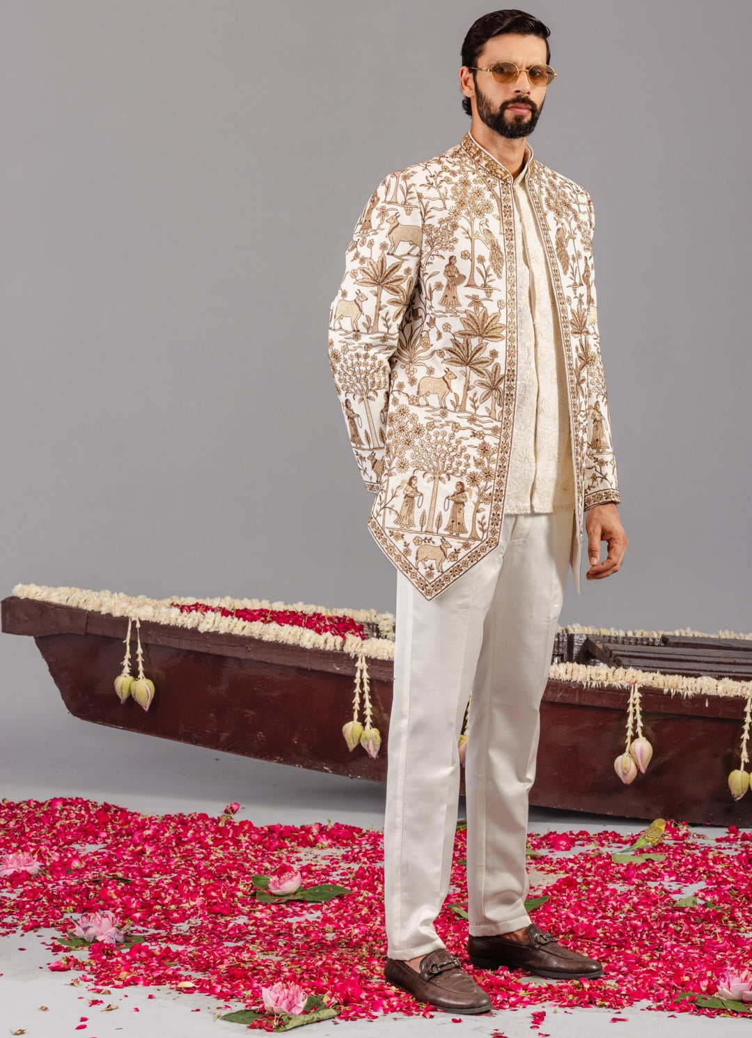 Ivory embroidered georgette Jodhpuri set for men by Kalpraag