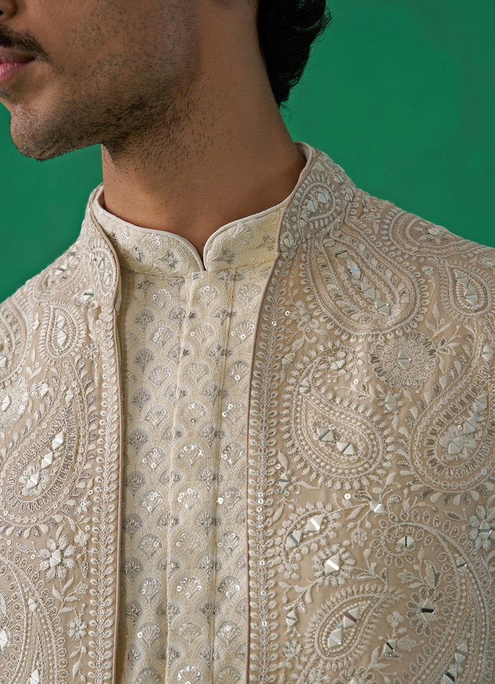 Ivory Embroidered Georgette Kurta Jacket Set Kalpraag - Fabilicious Fashion