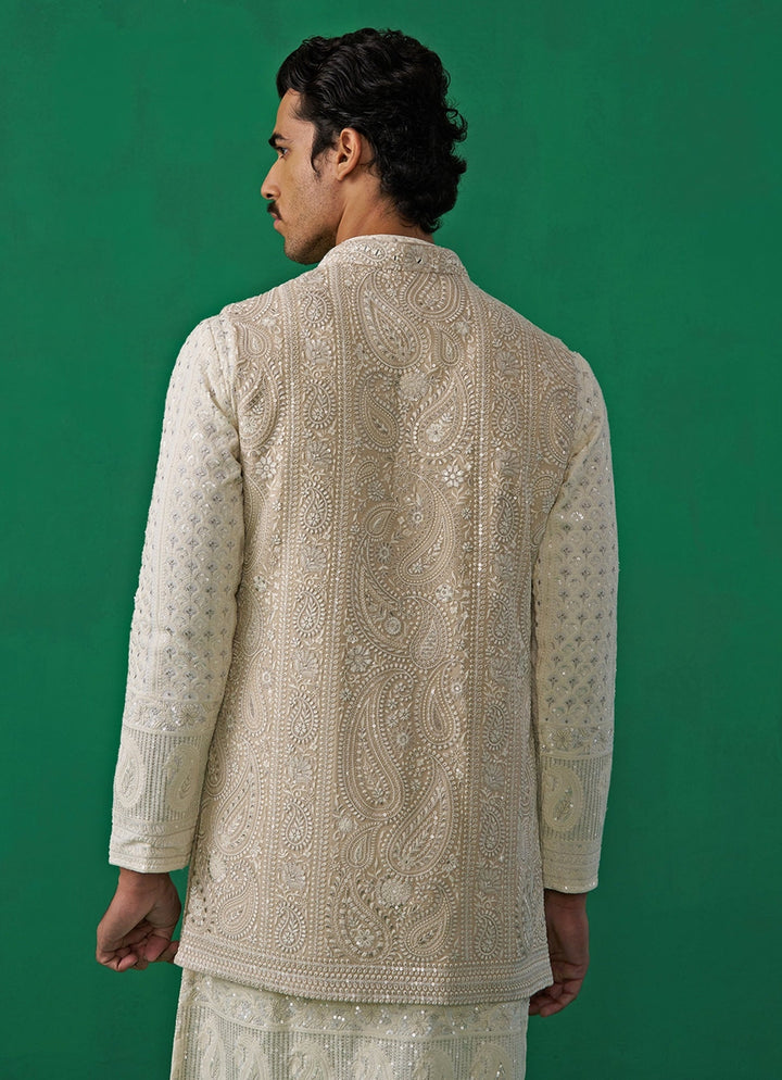 Ivory Embroidered Georgette Kurta Jacket Set Kalpraag - Fabilicious Fashion