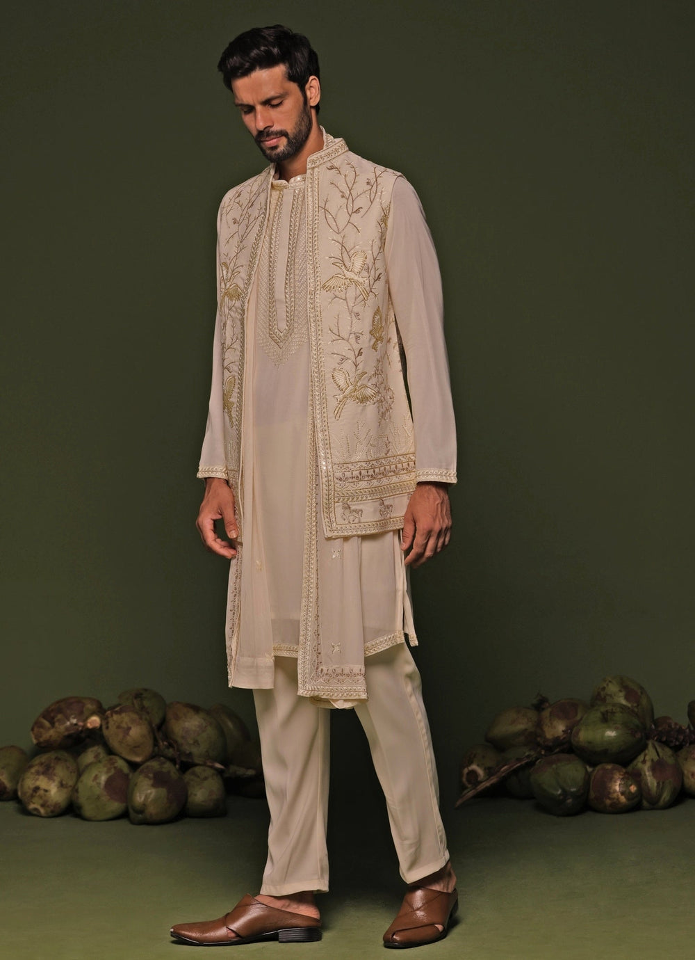 Ivory Embroidered Georgette Kurta Jacket Set Kalpraag - Fabilicious Fashion