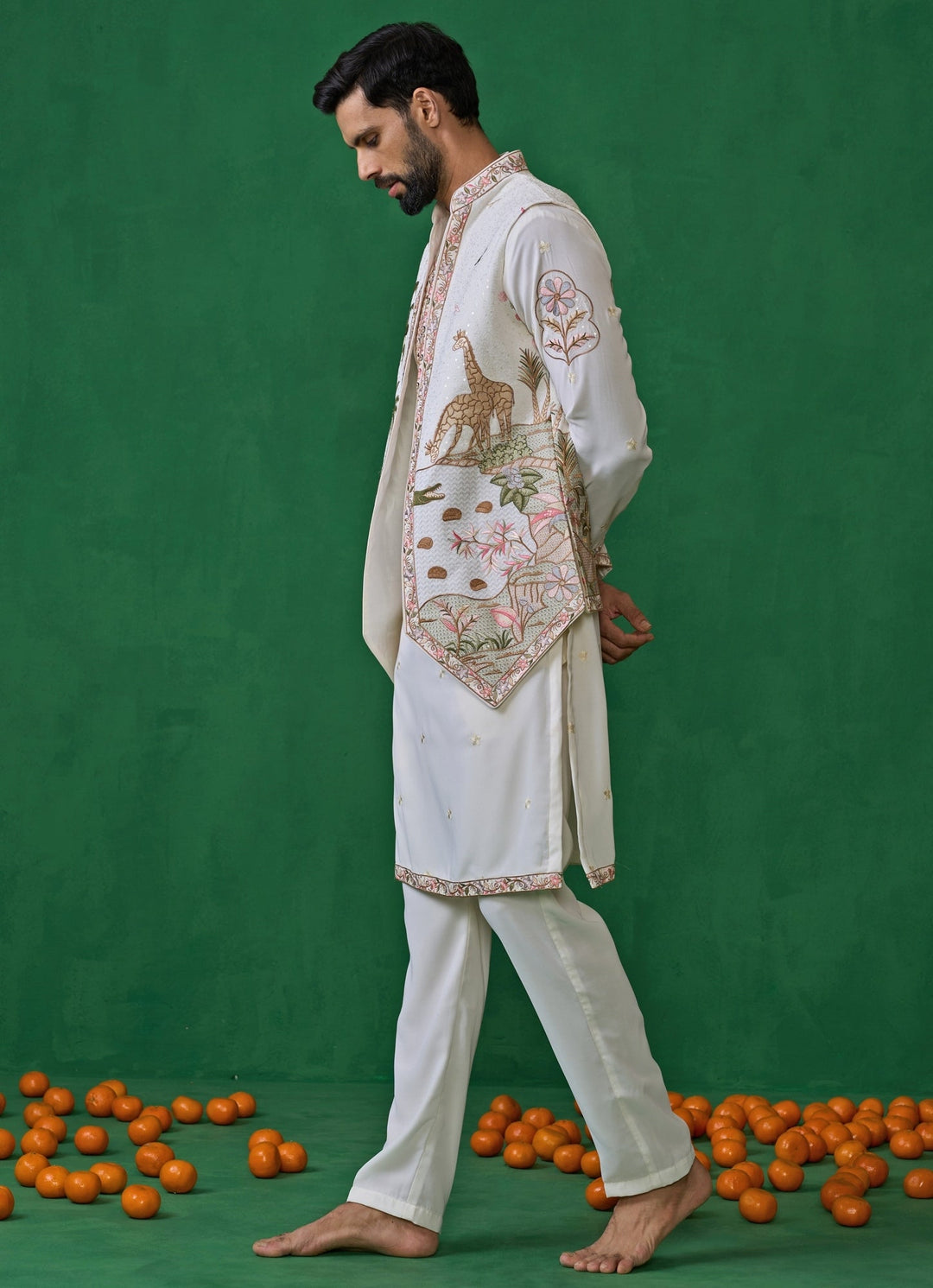 Ivory Embroidered Georgette Kurta Jacket Set Kalpraag - Fabilicious Fashion