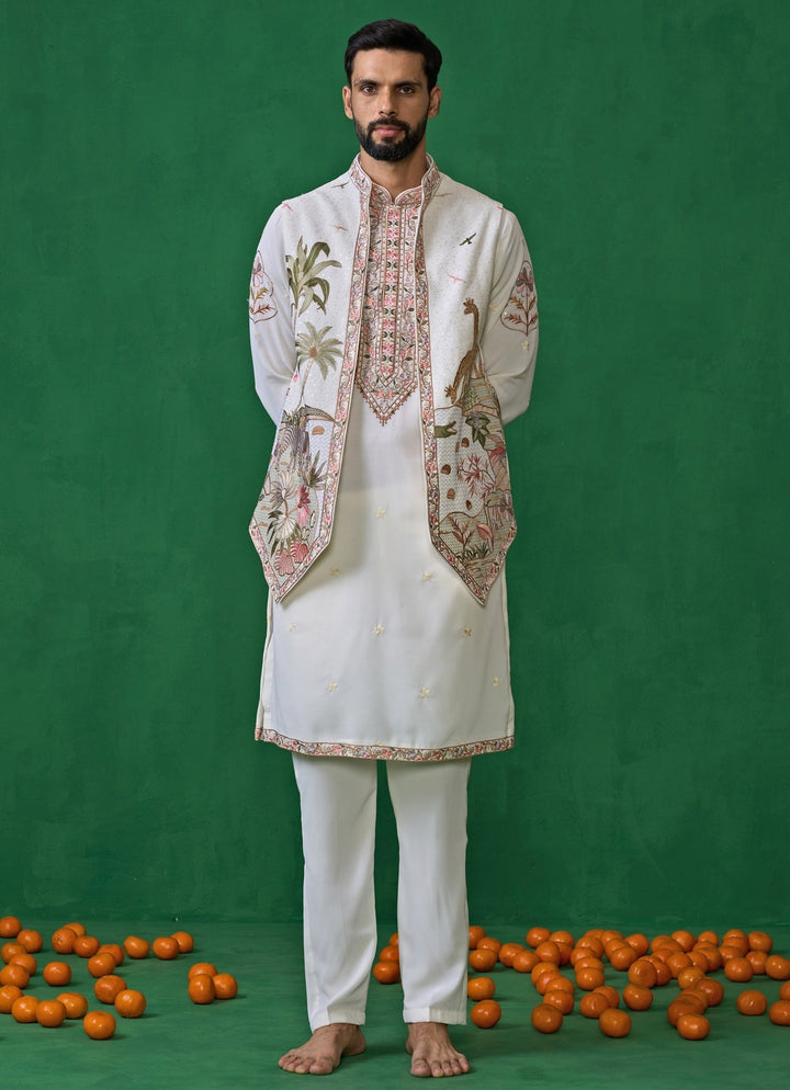 Ivory Embroidered Georgette Kurta Jacket Set Kalpraag - Fabilicious Fashion