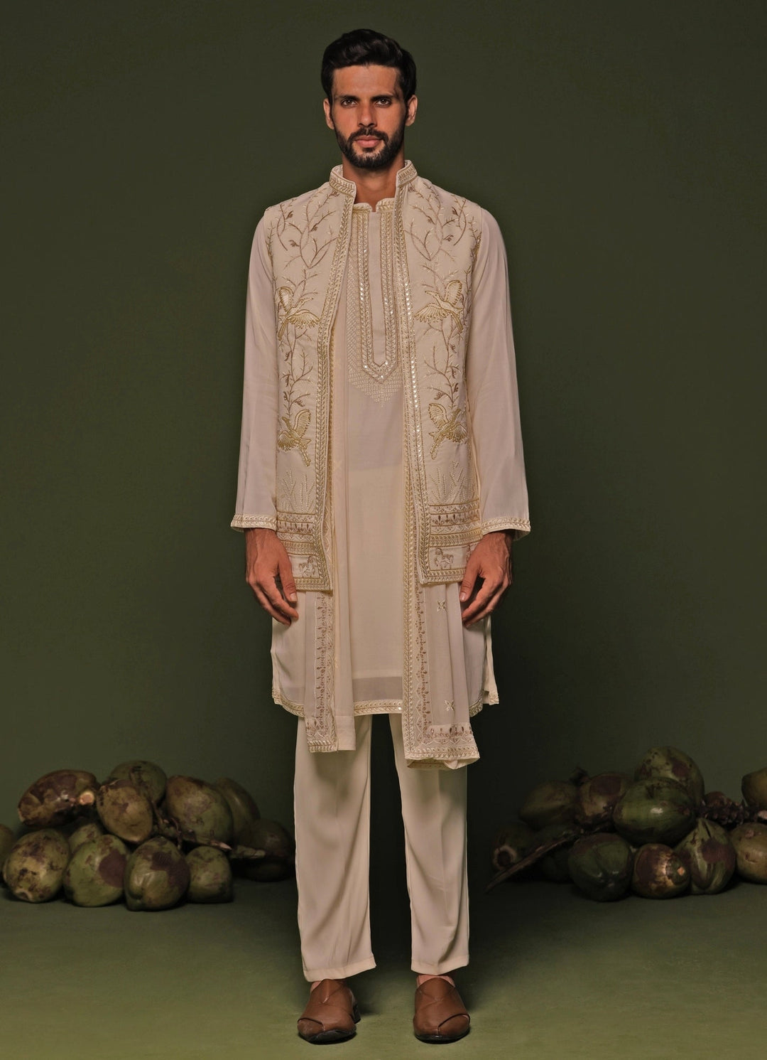 Ivory Embroidered Georgette Kurta Jacket Set Kalpraag - Fabilicious Fashion