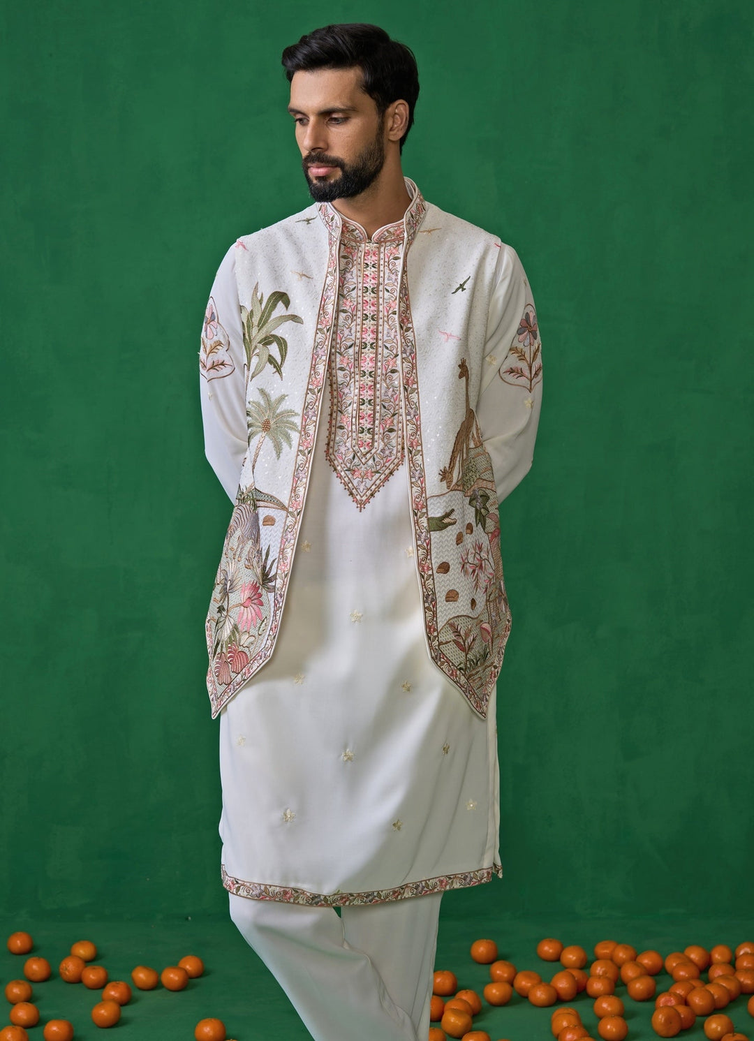 Ivory Embroidered Georgette Kurta Jacket Set Kalpraag - Fabilicious Fashion