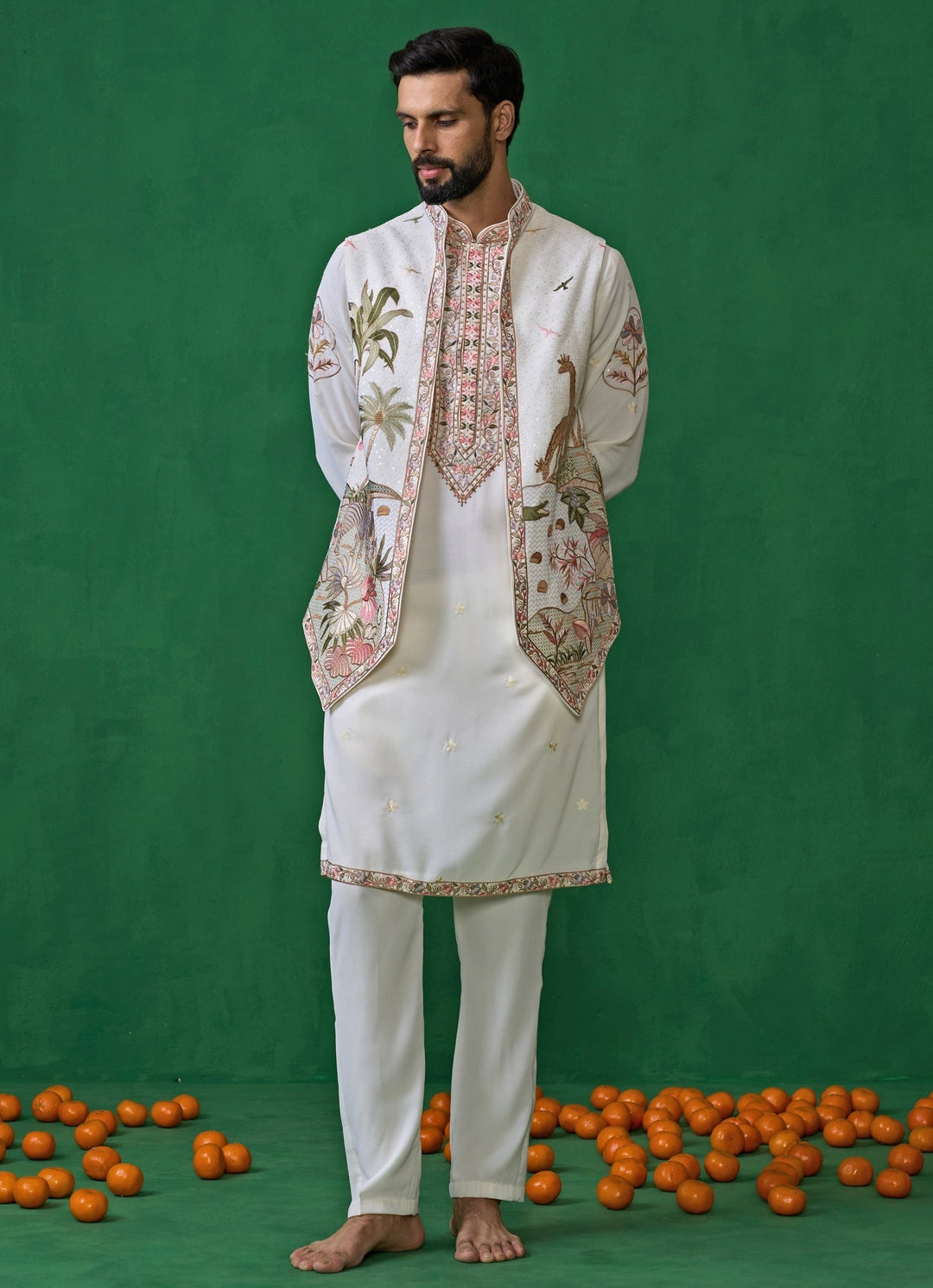 Ivory Embroidered Georgette Kurta Jacket Set Kalpraag - Fabilicious Fashion