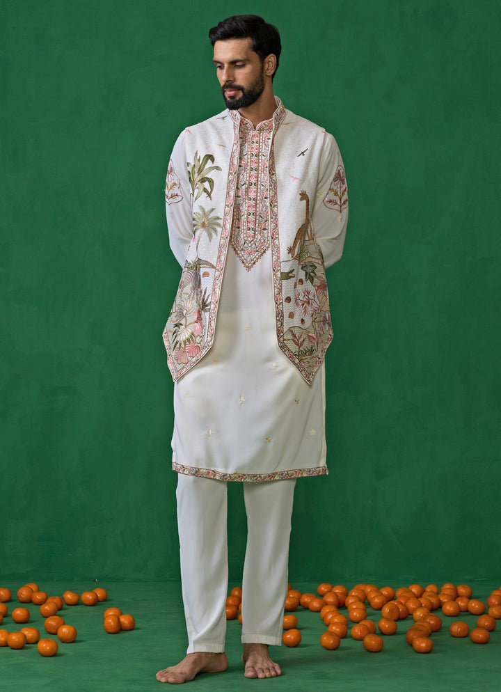 Ivory Embroidered Georgette Kurta Jacket Set Kalpraag - Fabilicious Fashion
