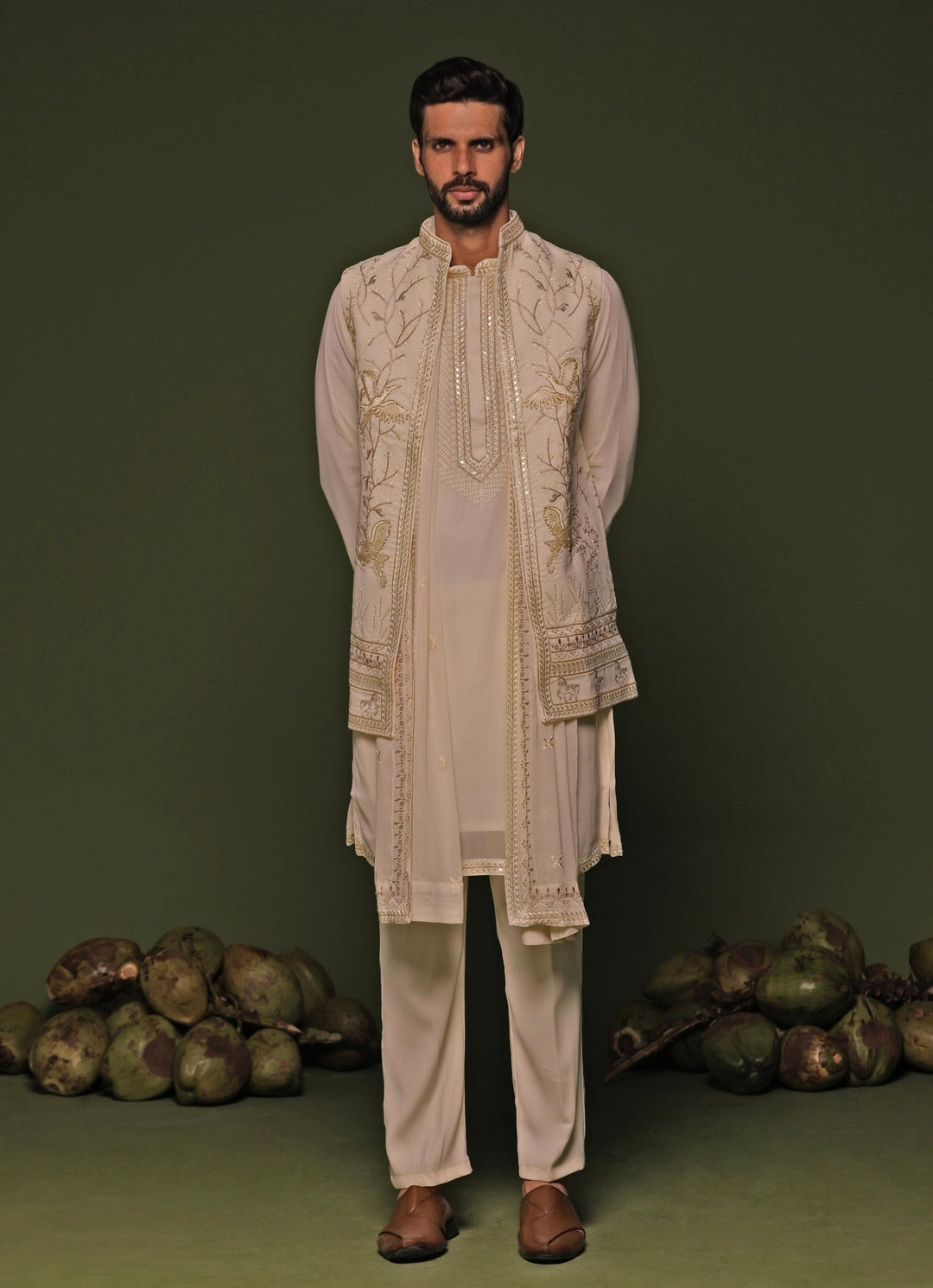 Ivory Embroidered Georgette Kurta Jacket Set Kalpraag - Fabilicious Fashion