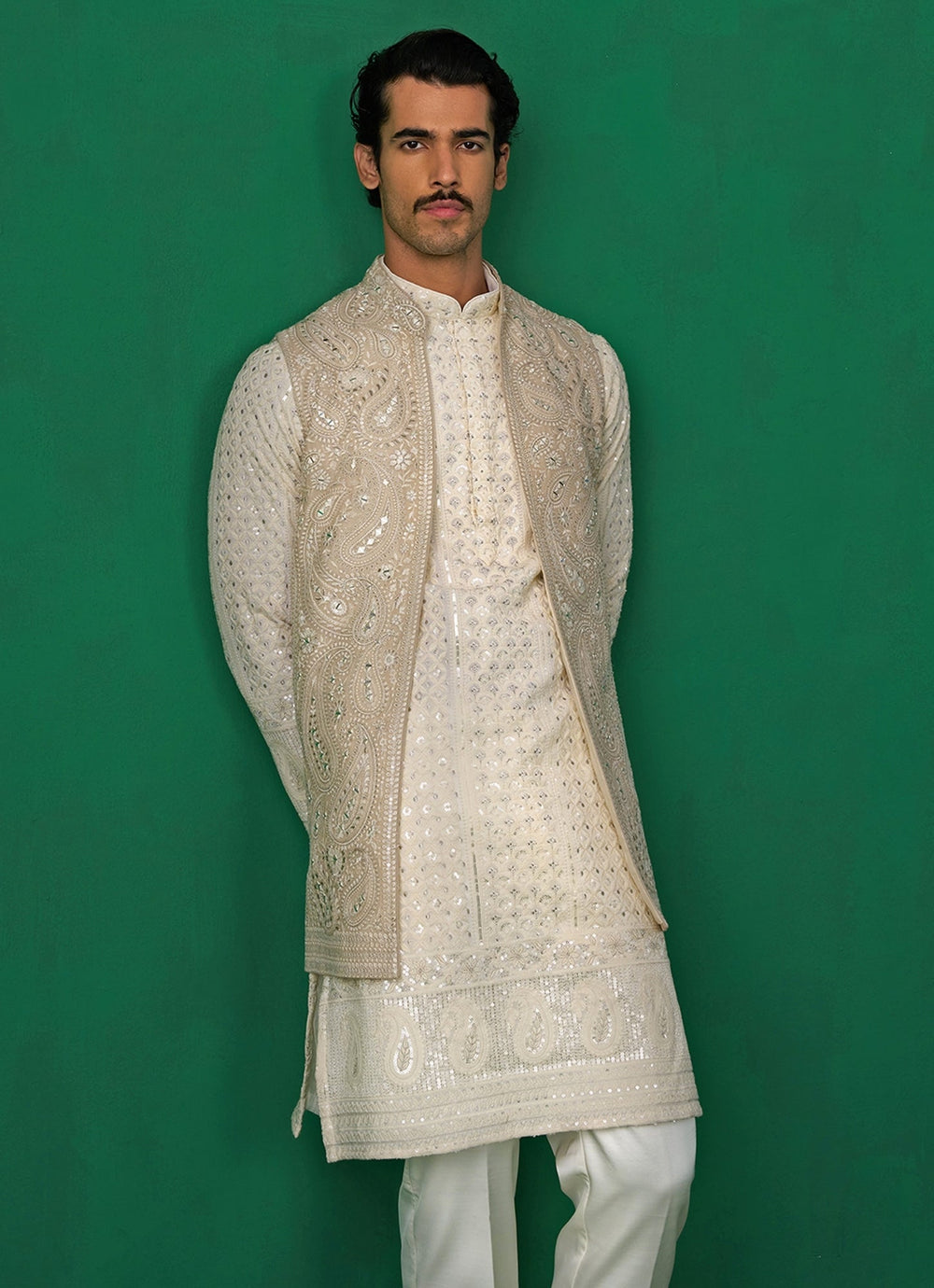 Ivory Embroidered Georgette Kurta Jacket Set Kalpraag - Fabilicious Fashion