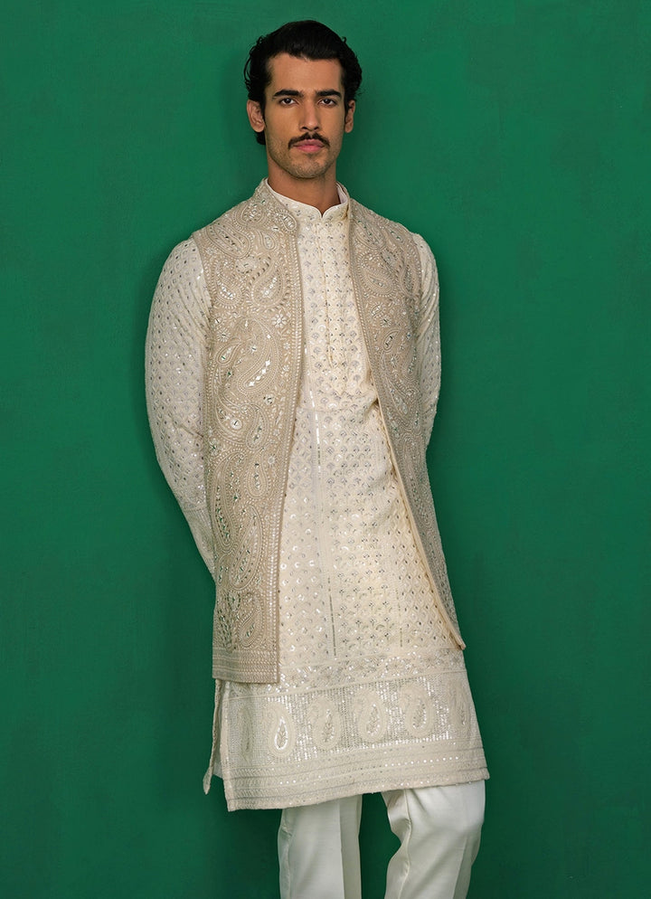 Ivory Embroidered Georgette Kurta Jacket Set Kalpraag - Fabilicious Fashion