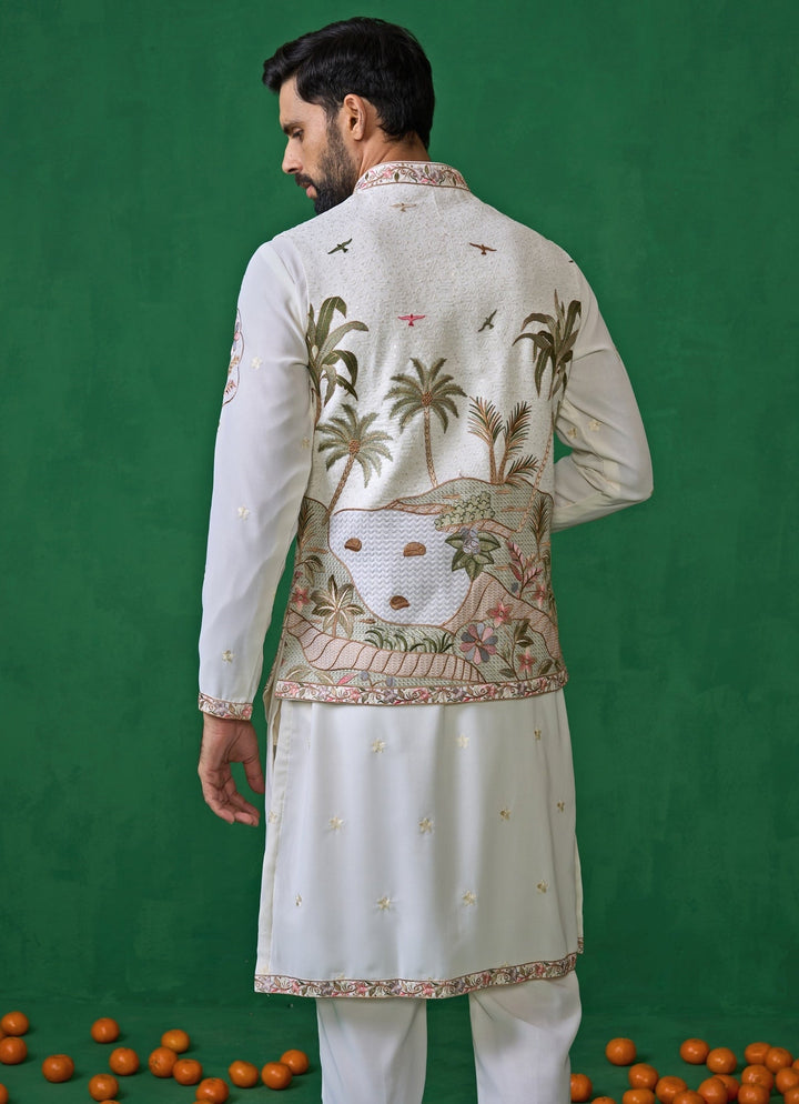 Ivory Embroidered Georgette Kurta Jacket Set Kalpraag - Fabilicious Fashion