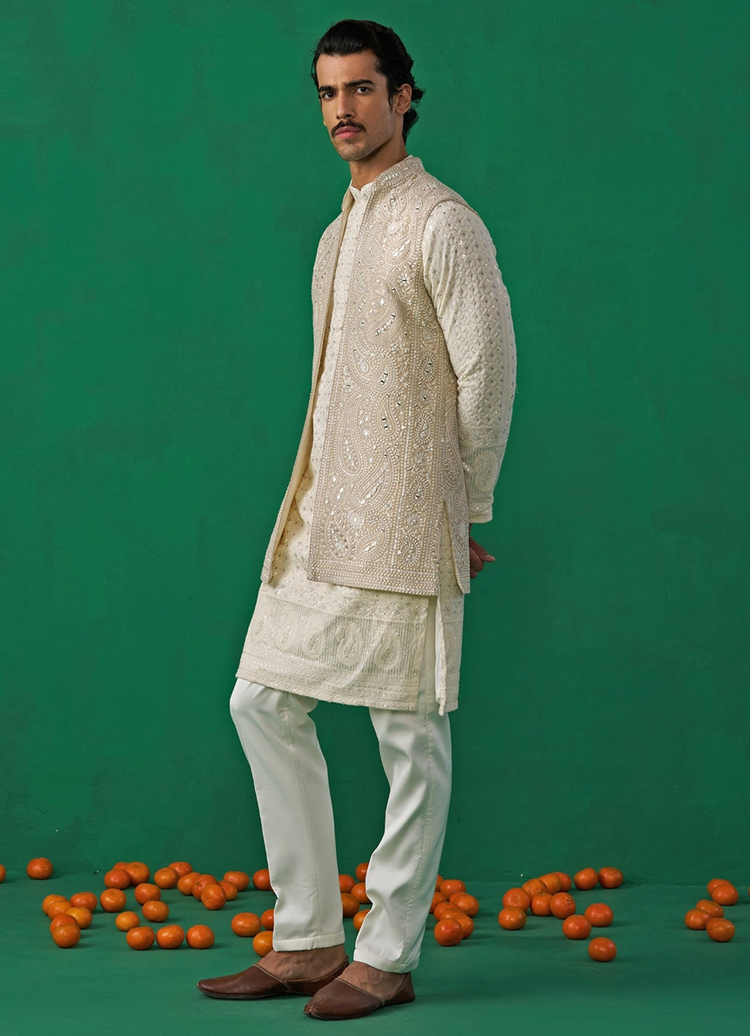 Ivory Embroidered Georgette Kurta Jacket Set Kalpraag - Fabilicious Fashion