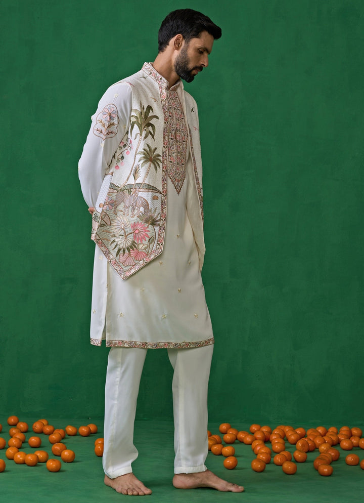 Ivory Embroidered Georgette Kurta Jacket Set Kalpraag - Fabilicious Fashion
