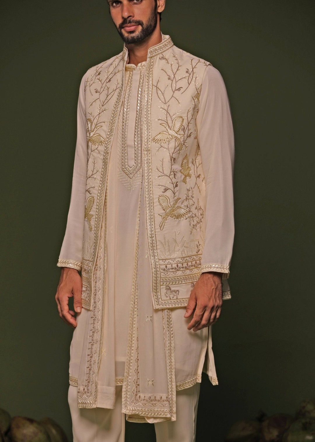 Ivory Embroidered Georgette Kurta Jacket Set Kalpraag - Fabilicious Fashion