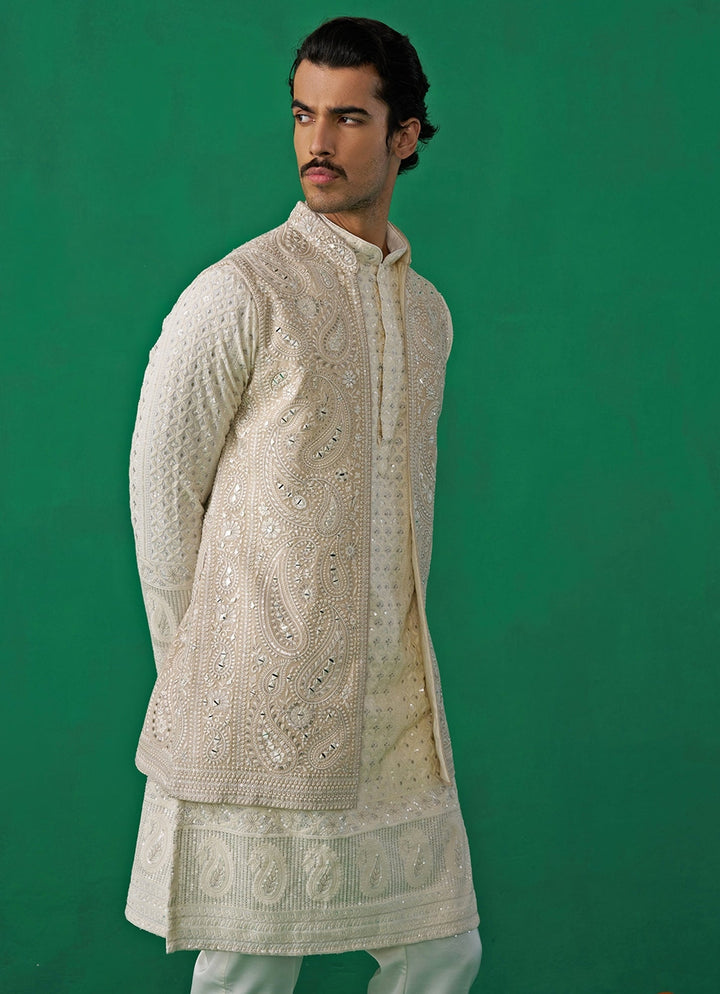 Ivory Embroidered Georgette Kurta Jacket Set Kalpraag - Fabilicious Fashion