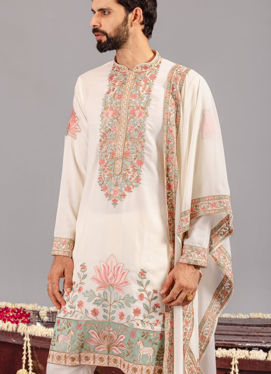 Ivory Embroidered Georgette Kurta Pant Set Kalpraag - Fabilicious Fashion