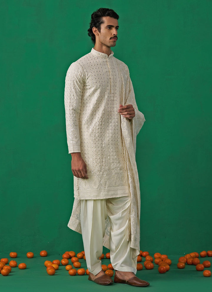 Ivory Embroidered Georgette Kurta Patiala Set Kalpraag - Fabilicious Fashion