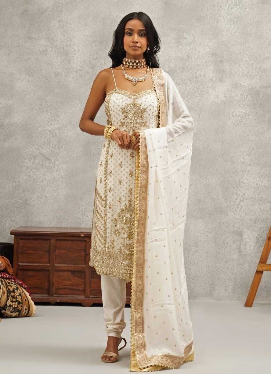 Ivory Embroidered Georgette Kurta Set Kapda Dori - Fabilicious Fashion