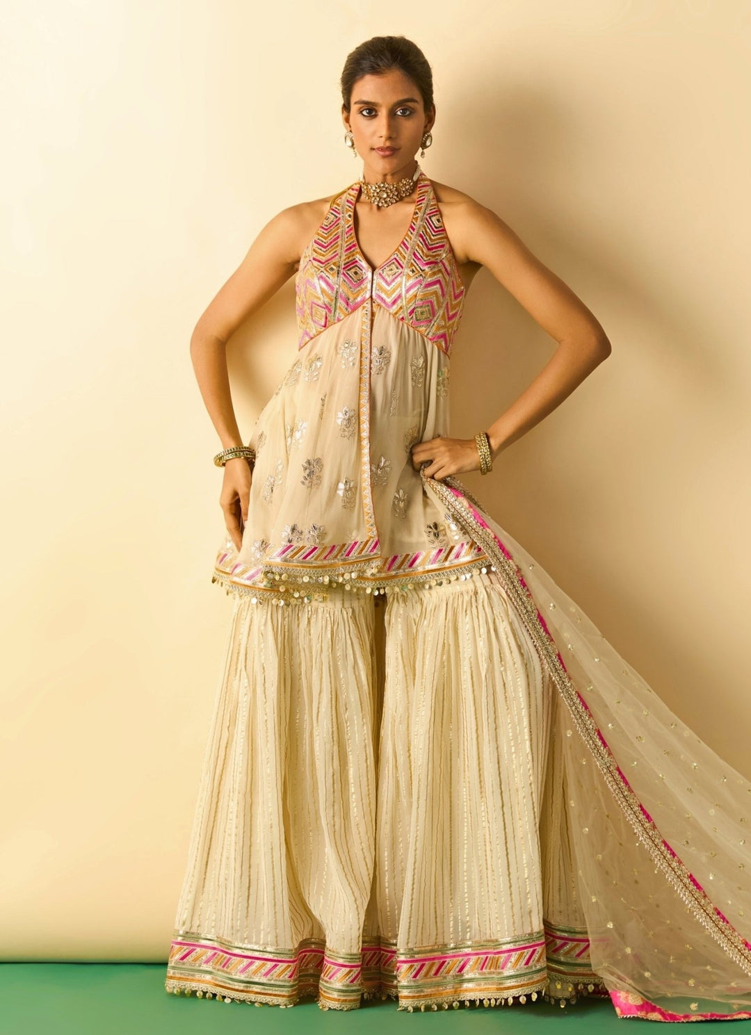 Gopi Vaid Ivory Embroidered Georgette Kurta Sharara SetFabilicious Fashion
