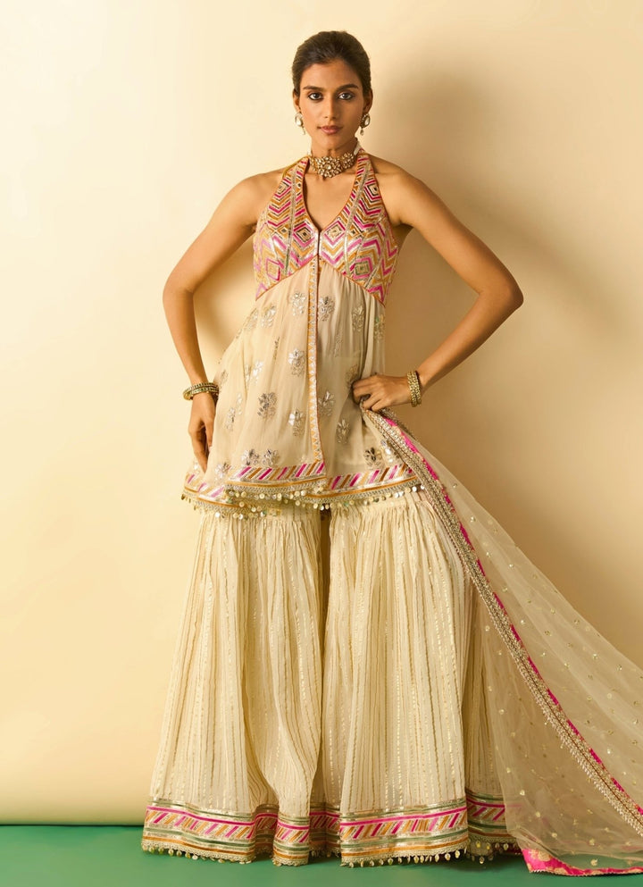 Gopi Vaid Ivory Embroidered Georgette Kurta Sharara SetFabilicious Fashion
