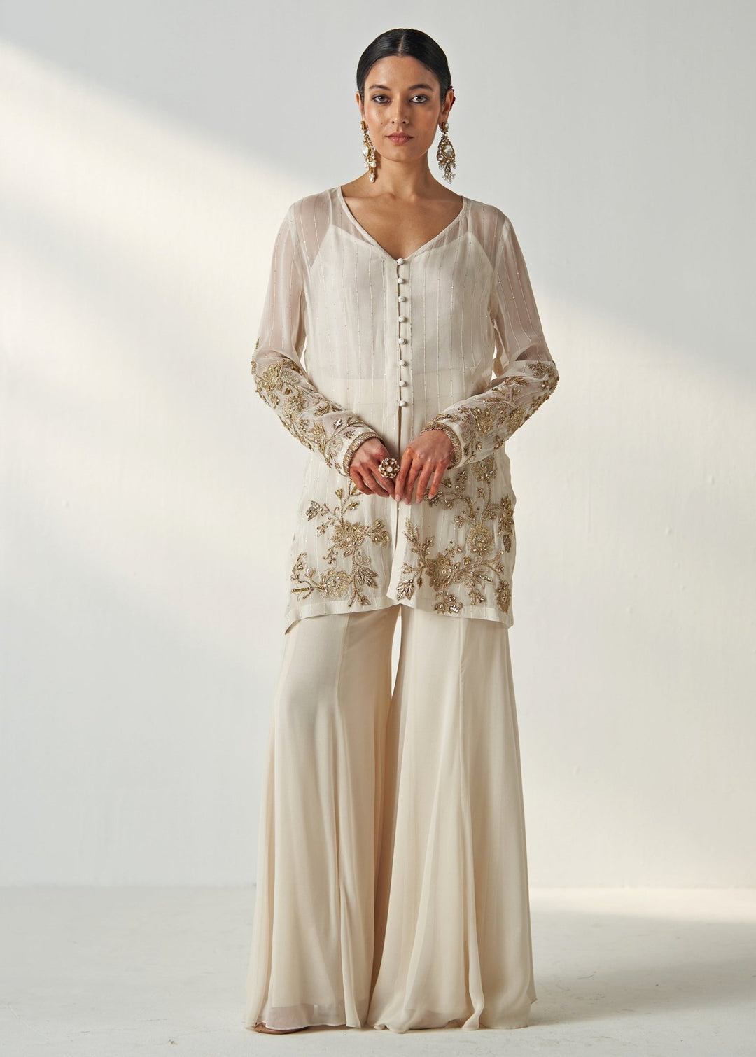 Ivory Embroidered Georgette Kurta Sharara Set Studio Bagechaa - Fabilicious Fashion
