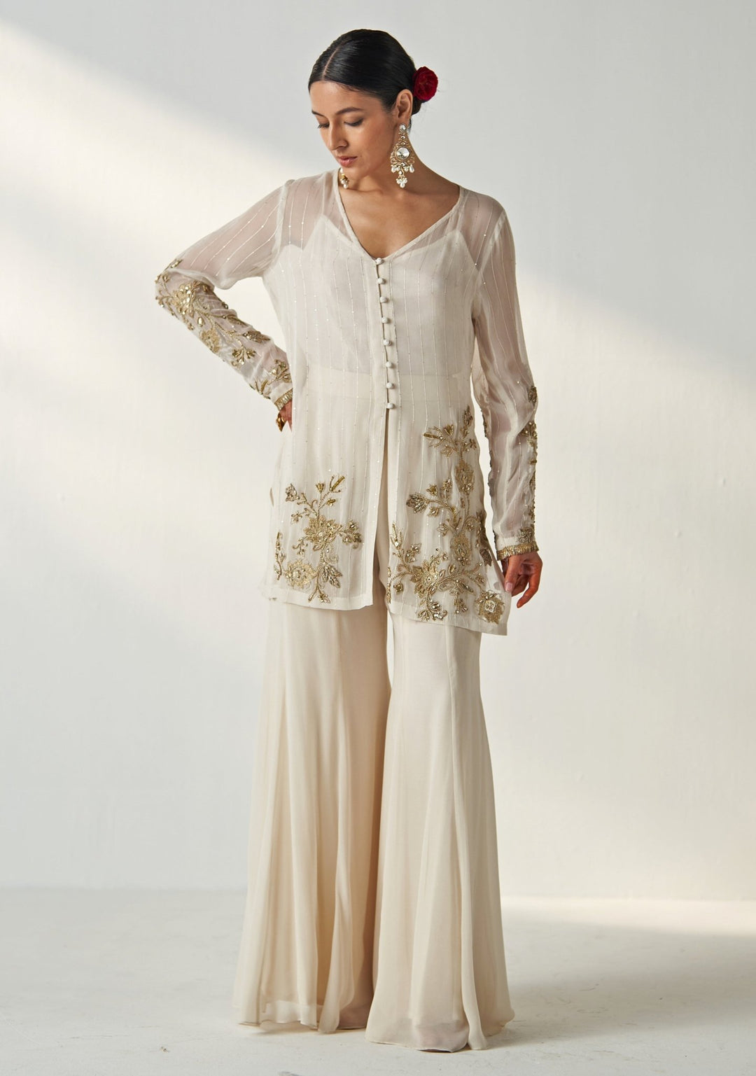 Ivory Embroidered Georgette Kurta Sharara Set Studio Bagechaa - Fabilicious Fashion