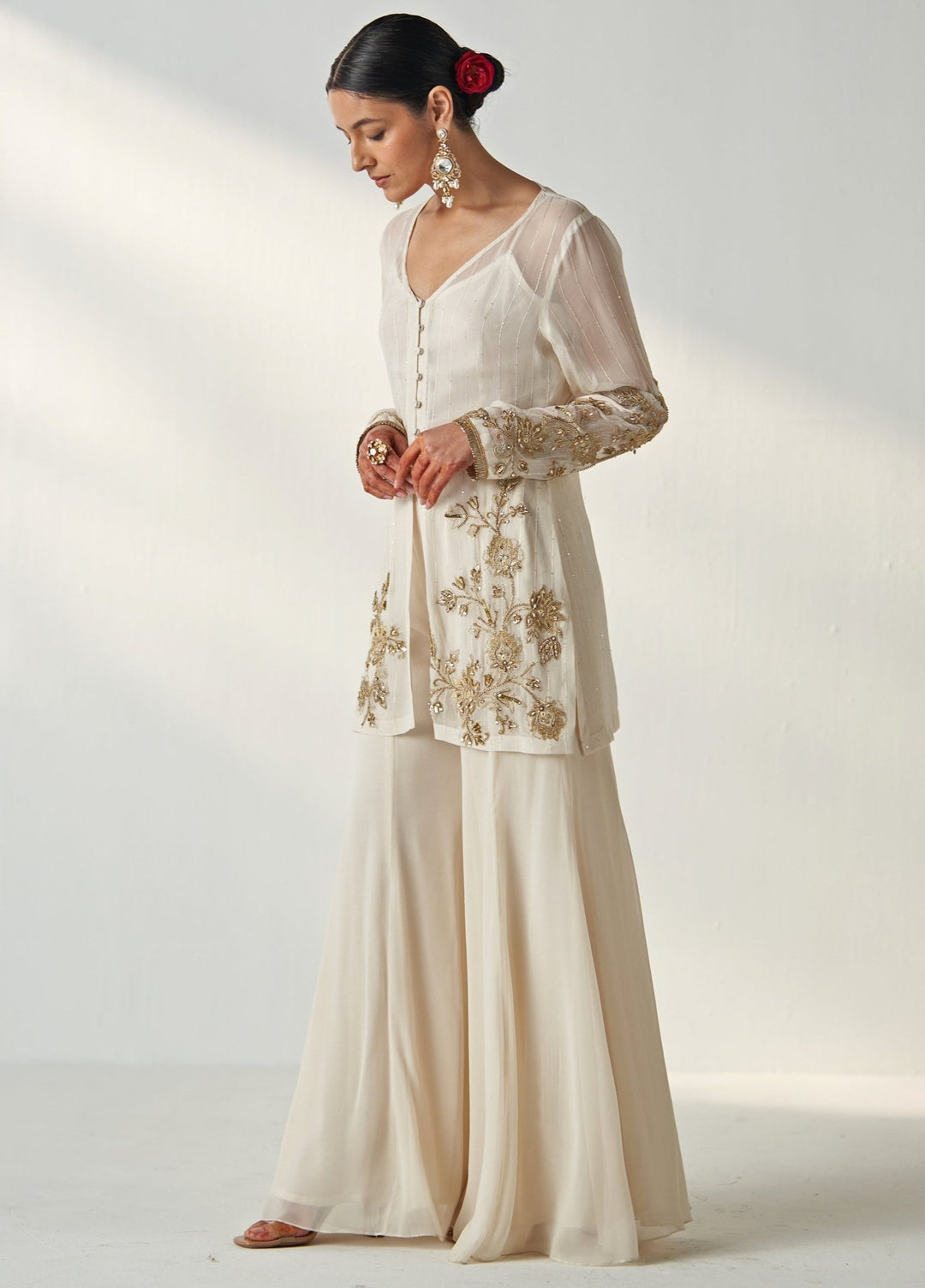 Ivory Embroidered Georgette Kurta Sharara Set Studio Bagechaa - Fabilicious Fashion
