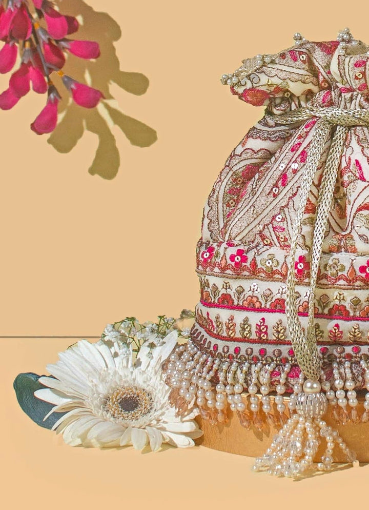 Ivory Embroidered Georgette Potli Amyra - Fabilicious Fashion