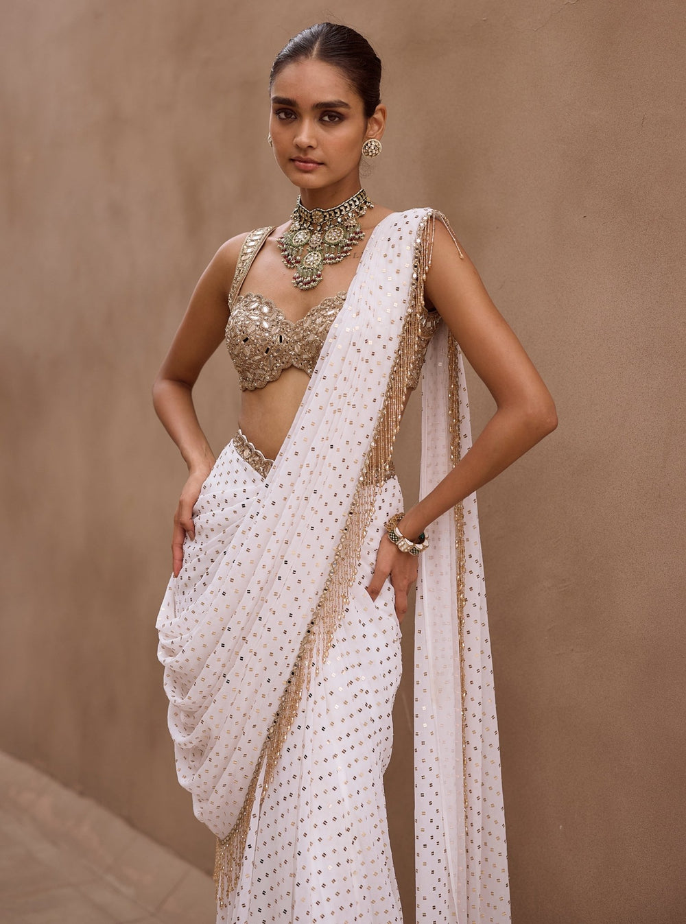 Vvani by Vani Vats Ivory Embroidered Georgette Pre-Draped SareeFabilicious Fashion