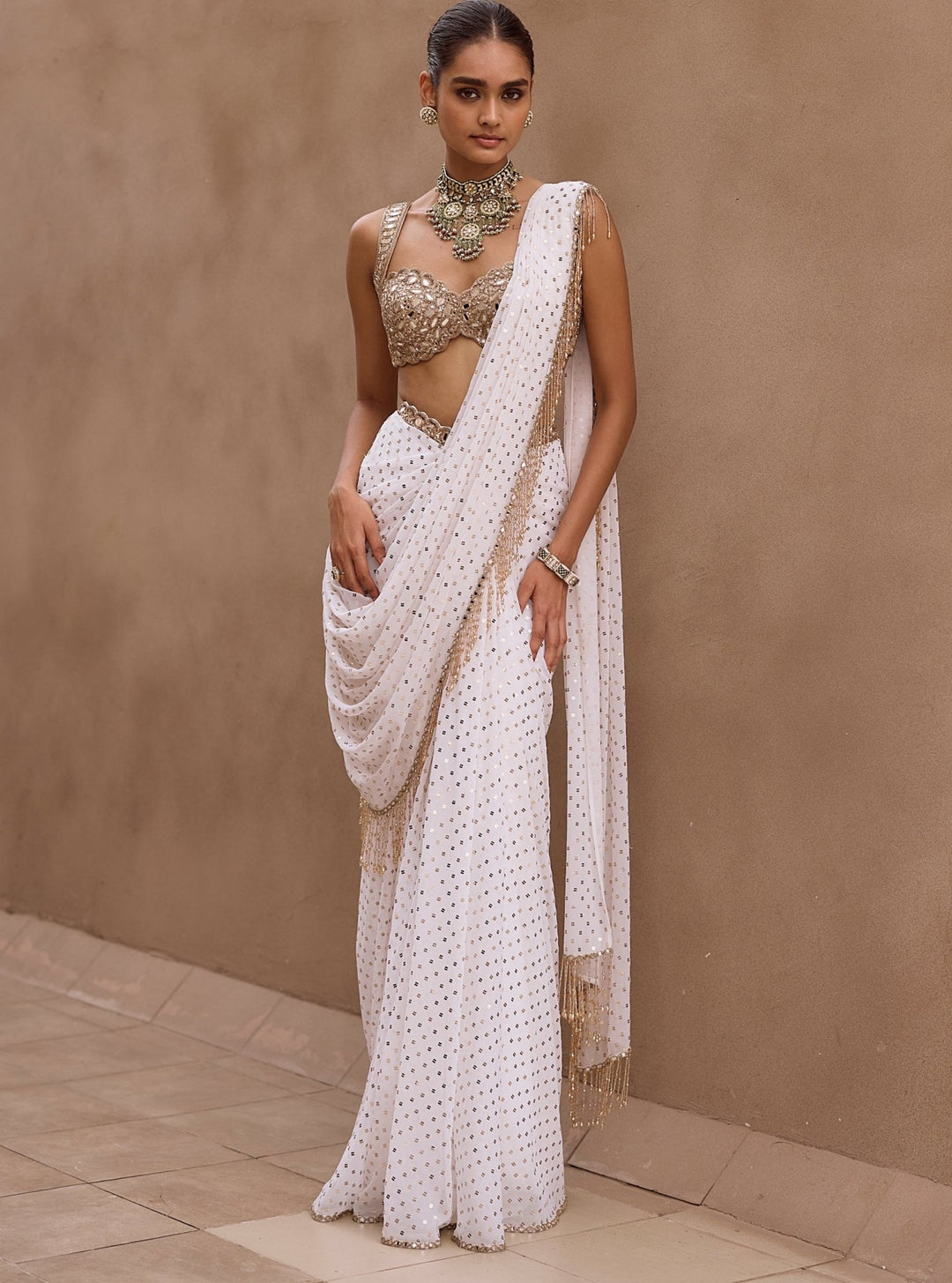 Vvani by Vani Vats Ivory Embroidered Georgette Pre-Draped SareeFabilicious Fashion