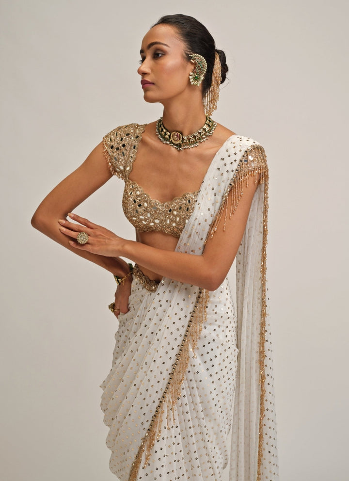 Vvani by Vani Vats Ivory Embroidered Georgette Pre-Draped SareeFabilicious Fashion