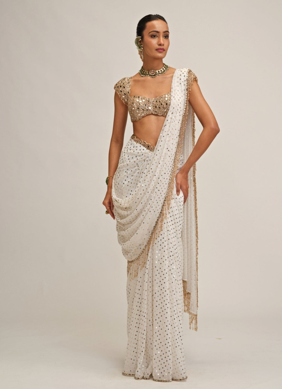 Vvani by Vani Vats Ivory Embroidered Georgette Pre-Draped SareeFabilicious Fashion