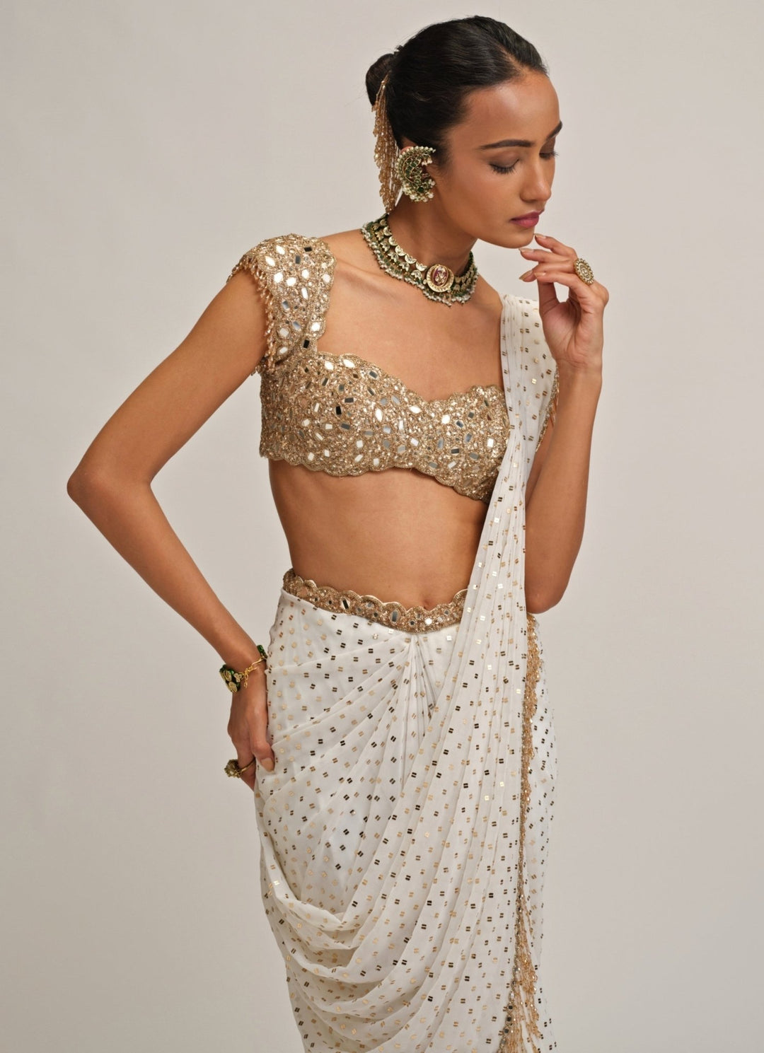 Vvani by Vani Vats Ivory Embroidered Georgette Pre-Draped SareeFabilicious Fashion