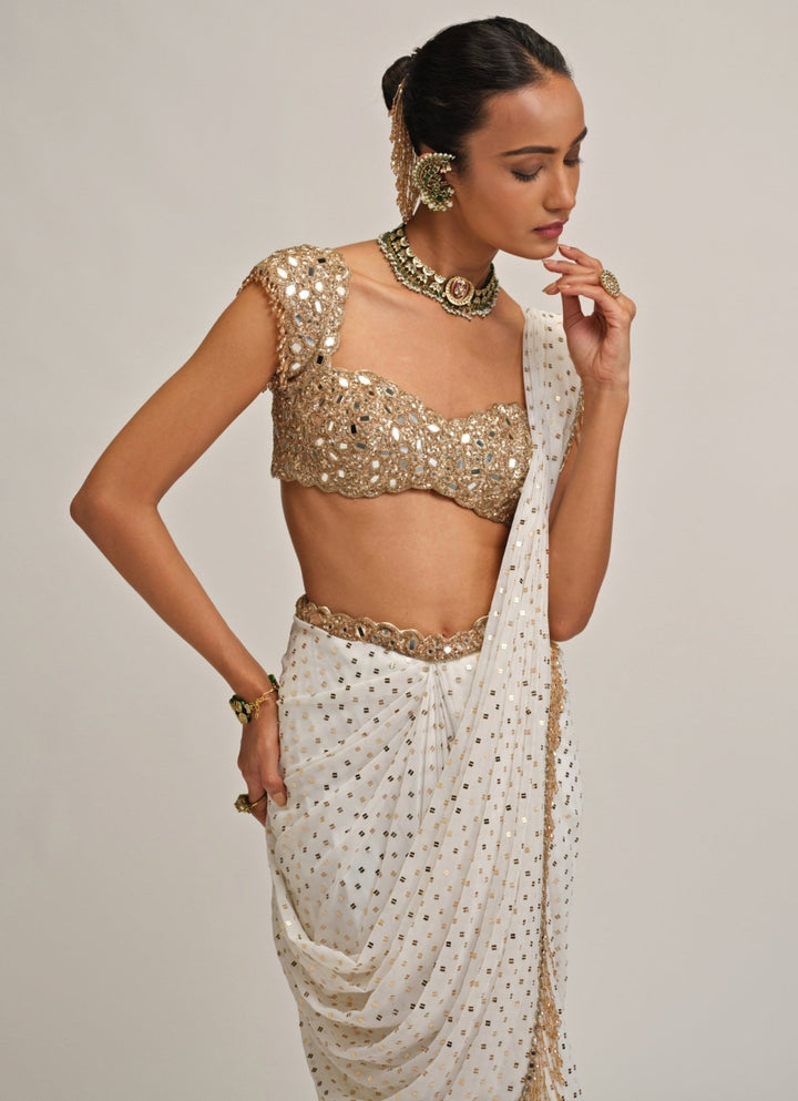 Vvani by Vani Vats Ivory Embroidered Georgette Pre-Draped SareeFabilicious Fashion
