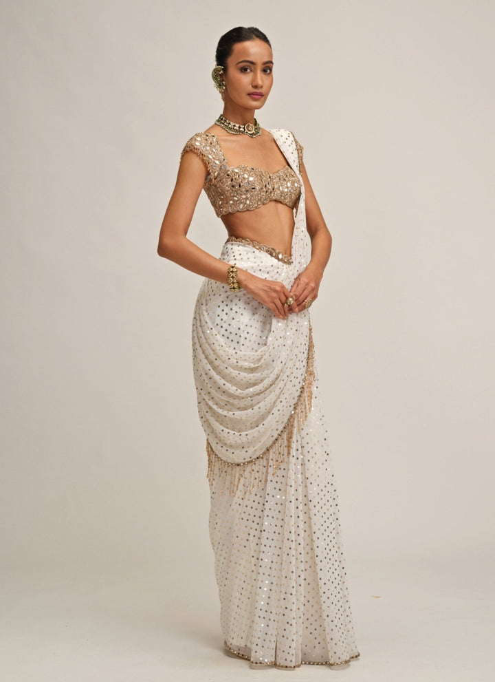 Vvani by Vani Vats Ivory Embroidered Georgette Pre-Draped SareeFabilicious Fashion