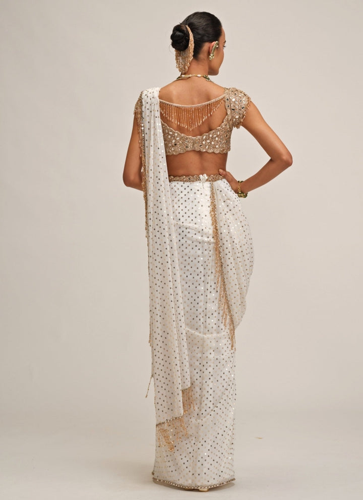 Vvani by Vani Vats Ivory Embroidered Georgette Pre-Draped SareeFabilicious Fashion