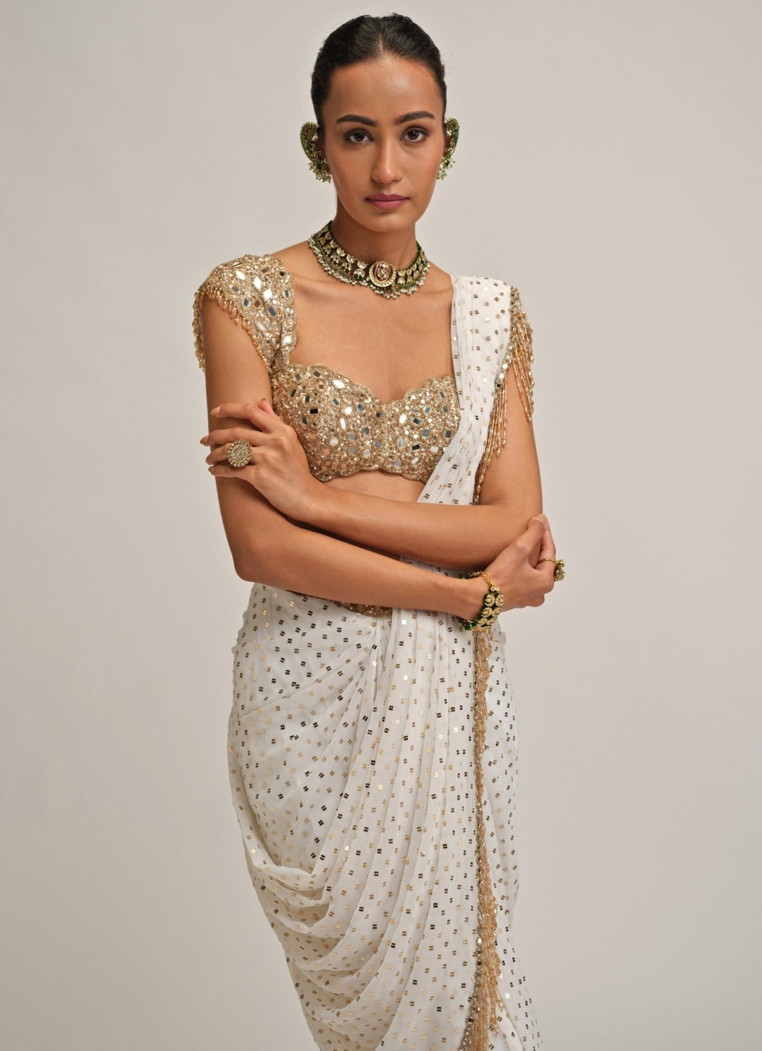 Vvani by Vani Vats Ivory Embroidered Georgette Pre-Draped SareeFabilicious Fashion