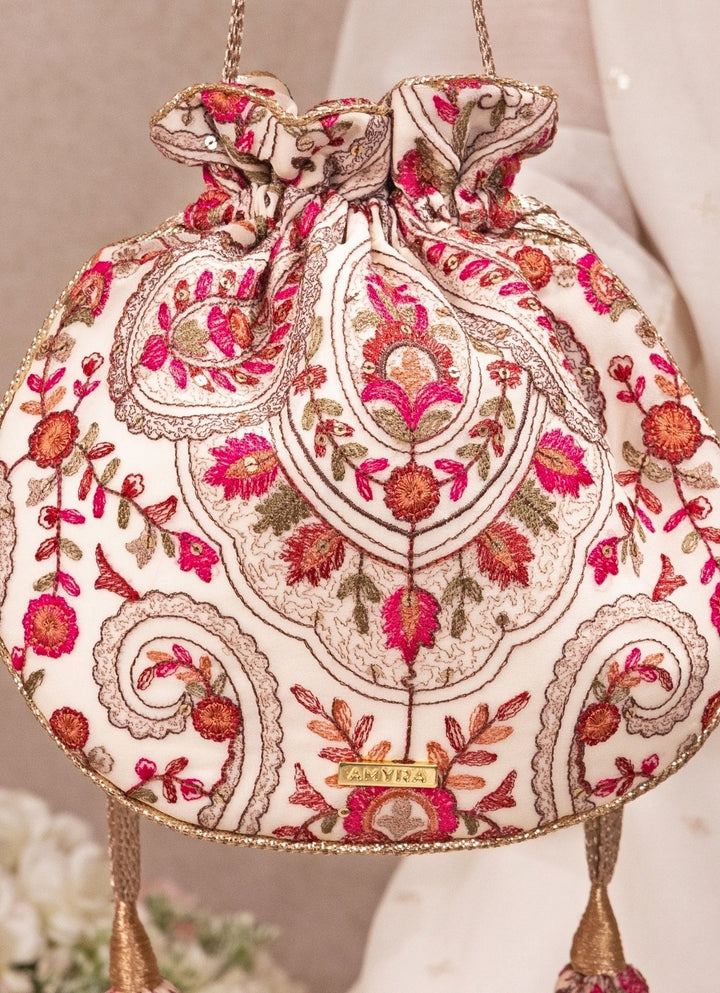 Amyra Ivory Embroidered Georgette Round PotliFabilicious Fashion
