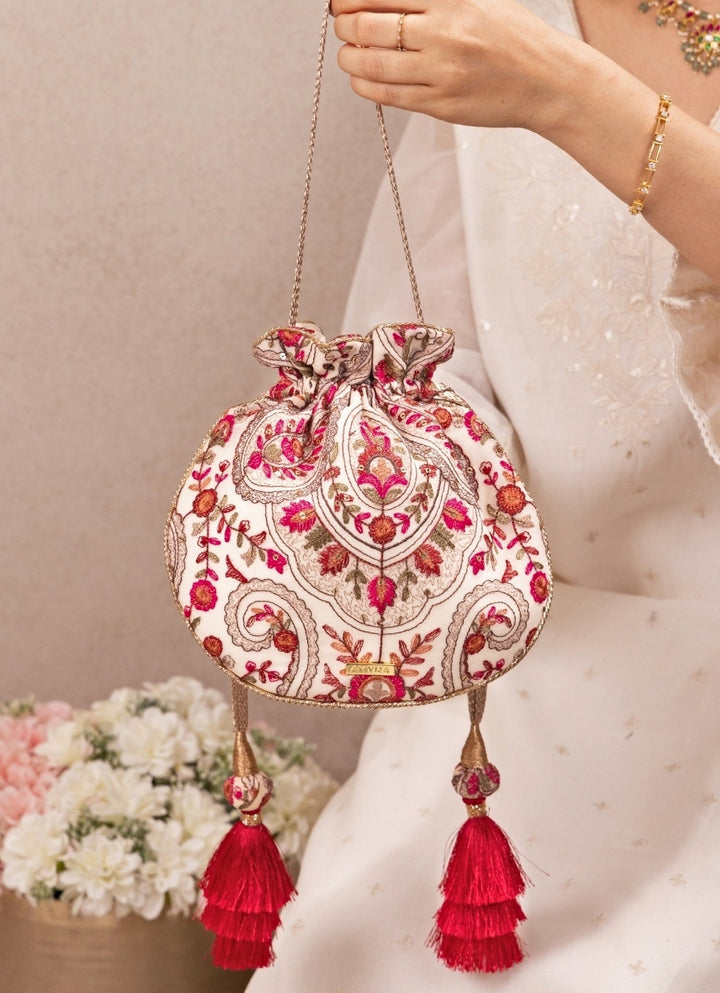 Amyra Ivory Embroidered Georgette Round PotliFabilicious Fashion