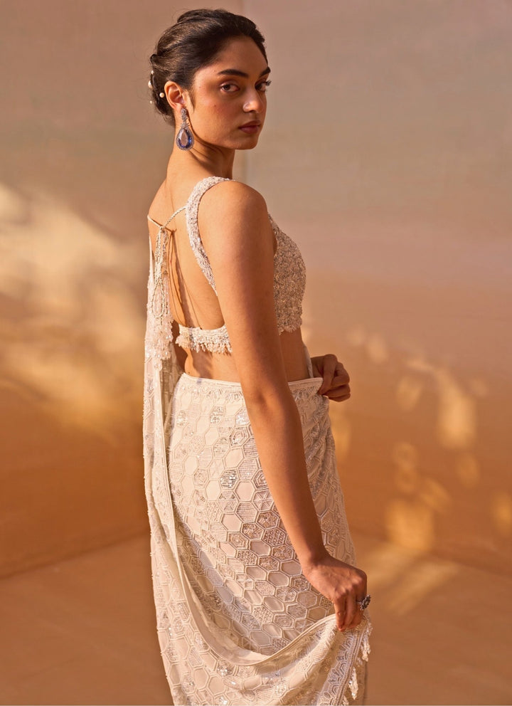 Nitika Gujral Ivory Embroidered Georgette SareeFabilicious Fashion