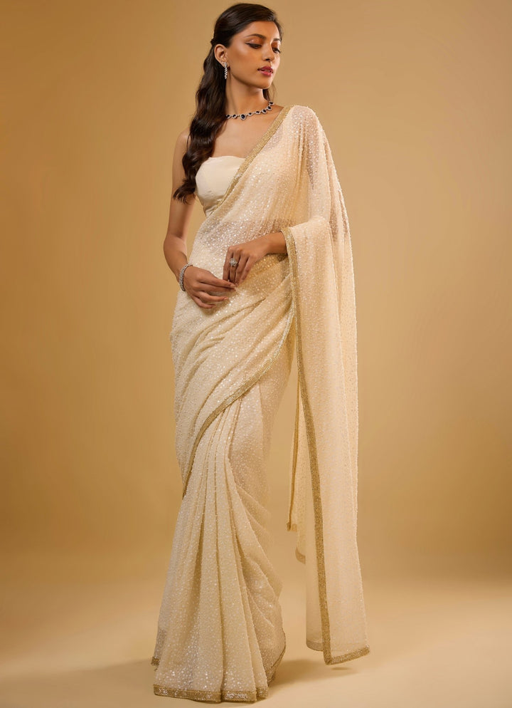 Ivory Embroidered Georgette Saree Renee Label - Fabilicious Fashion