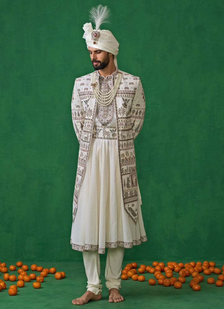 Ivory Embroidered Georgette Sherwani Set Kalpraag - Fabilicious Fashion