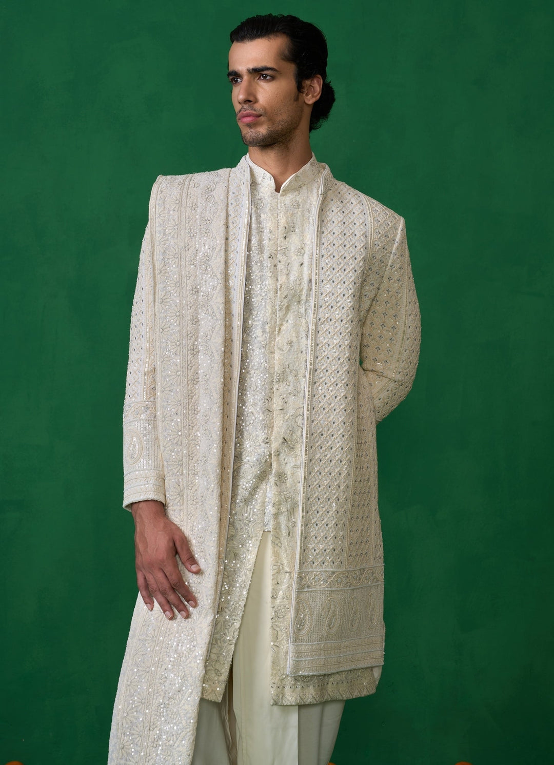 Ivory Embroidered Georgette Sherwani Set Kalpraag - Fabilicious Fashion