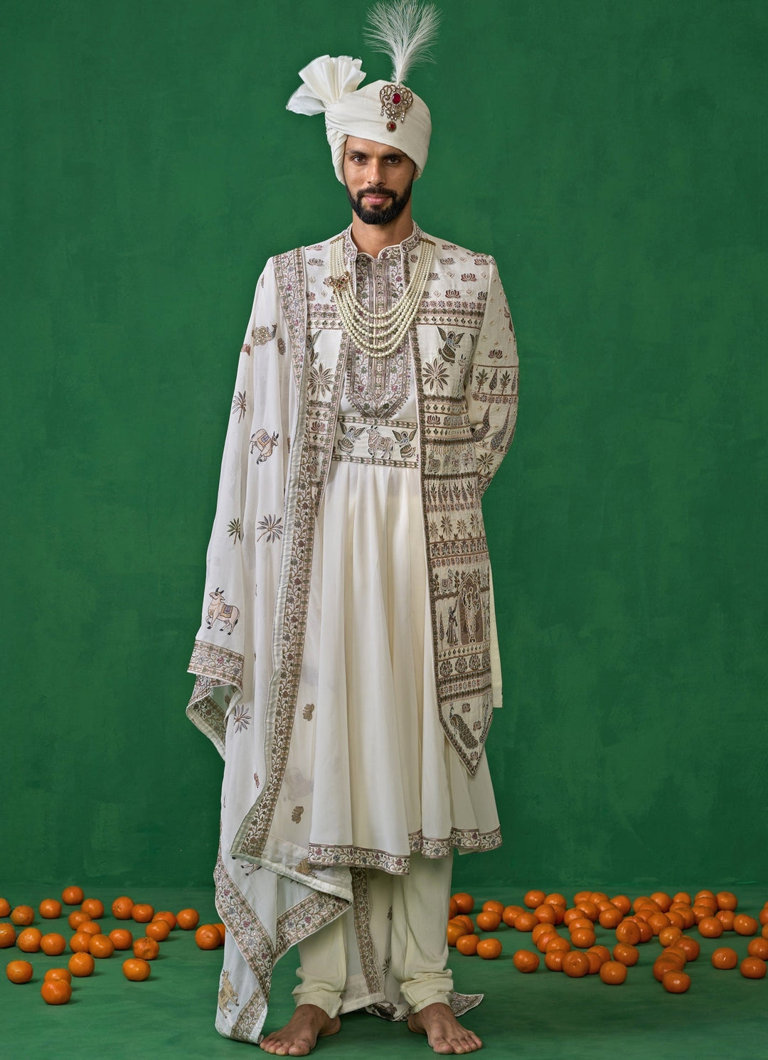 Ivory Embroidered Georgette Sherwani Set Kalpraag - Fabilicious Fashion