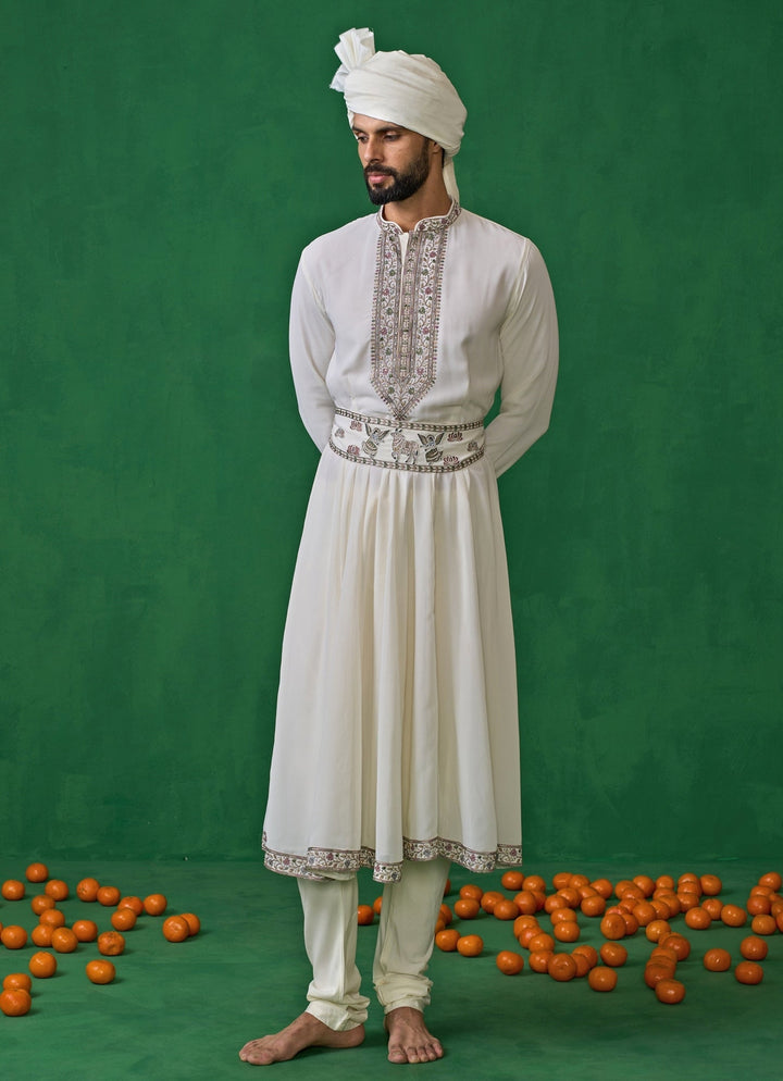 Ivory Embroidered Georgette Sherwani Set Kalpraag - Fabilicious Fashion
