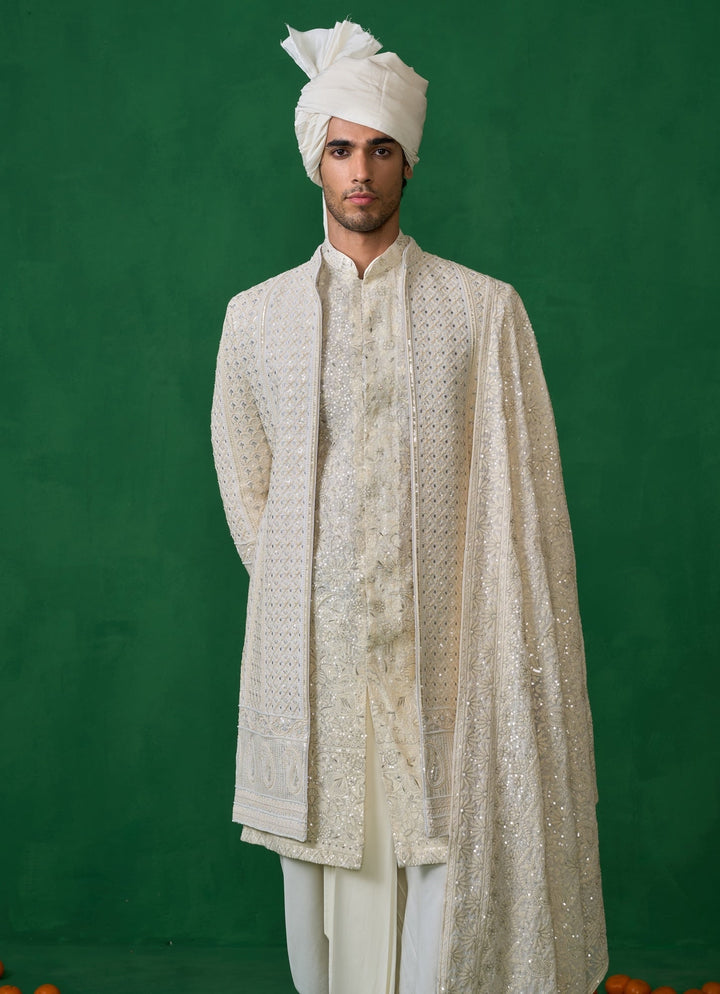 Ivory Embroidered Georgette Sherwani Set Kalpraag - Fabilicious Fashion
