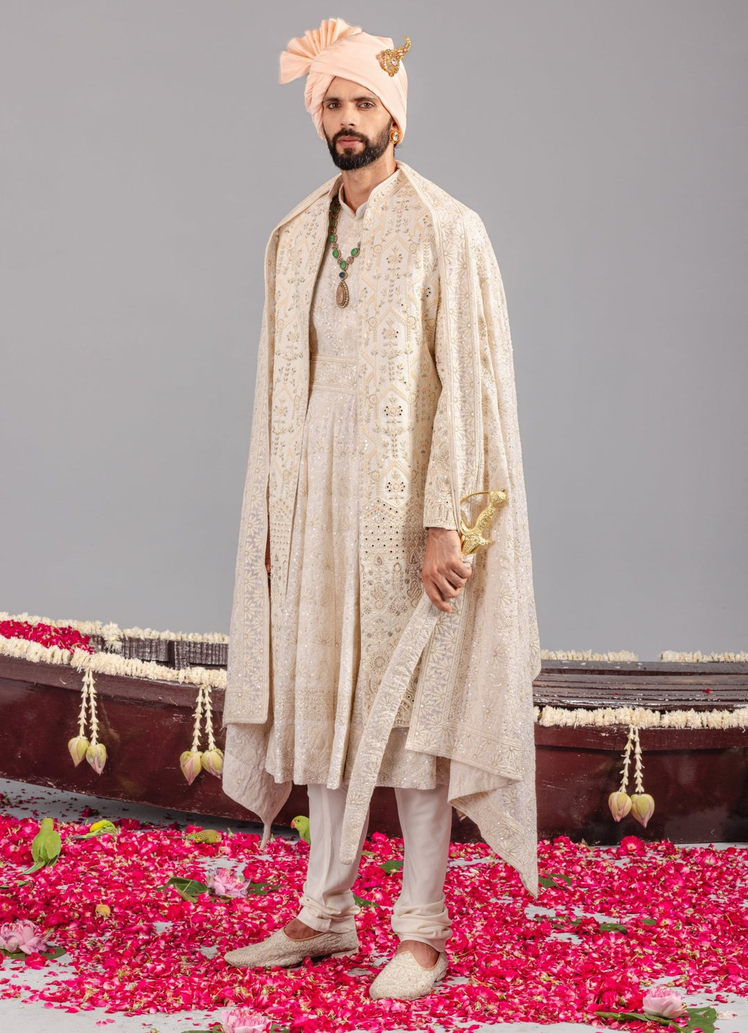 Ivory Embroidered Georgette Sherwani Set Kalpraag - Fabilicious Fashion